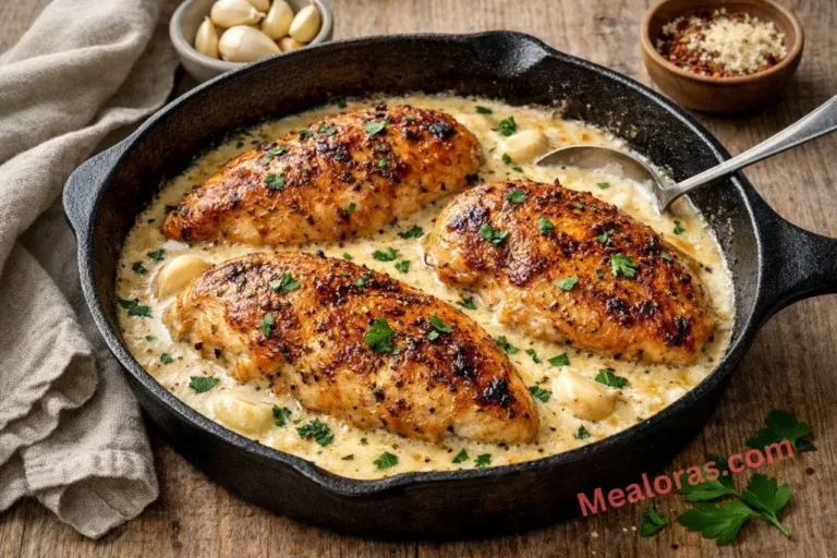 Pan-seared chicken breasts smothered in a rich white garlic cream sauce with fresh parsley