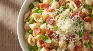 Creamy pasta salad with bacon, peas, and parmesan in a bowl
