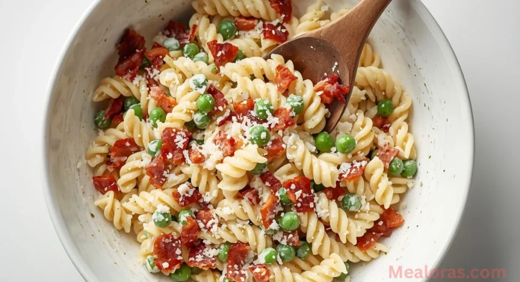 Alt Text:
Mixing pasta salad with creamy dressing in a large bowl