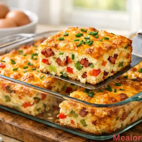 golden-brown egg casserole in a glass baking dish with bacon and peppers