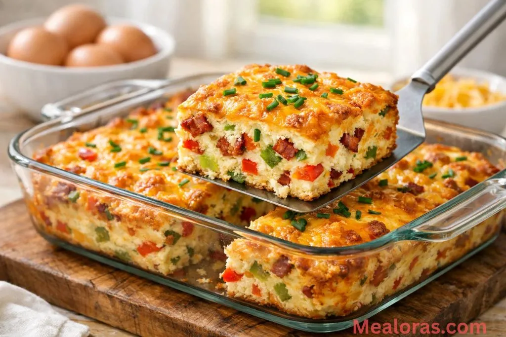 golden-brown egg casserole in a glass baking dish with bacon and peppers