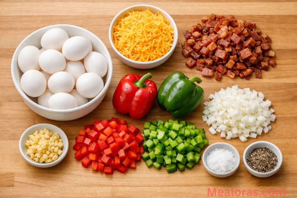 Fresh eggs, bacon slices, bell peppers, onions, and shredded cheddar cheese on a kitchen counter