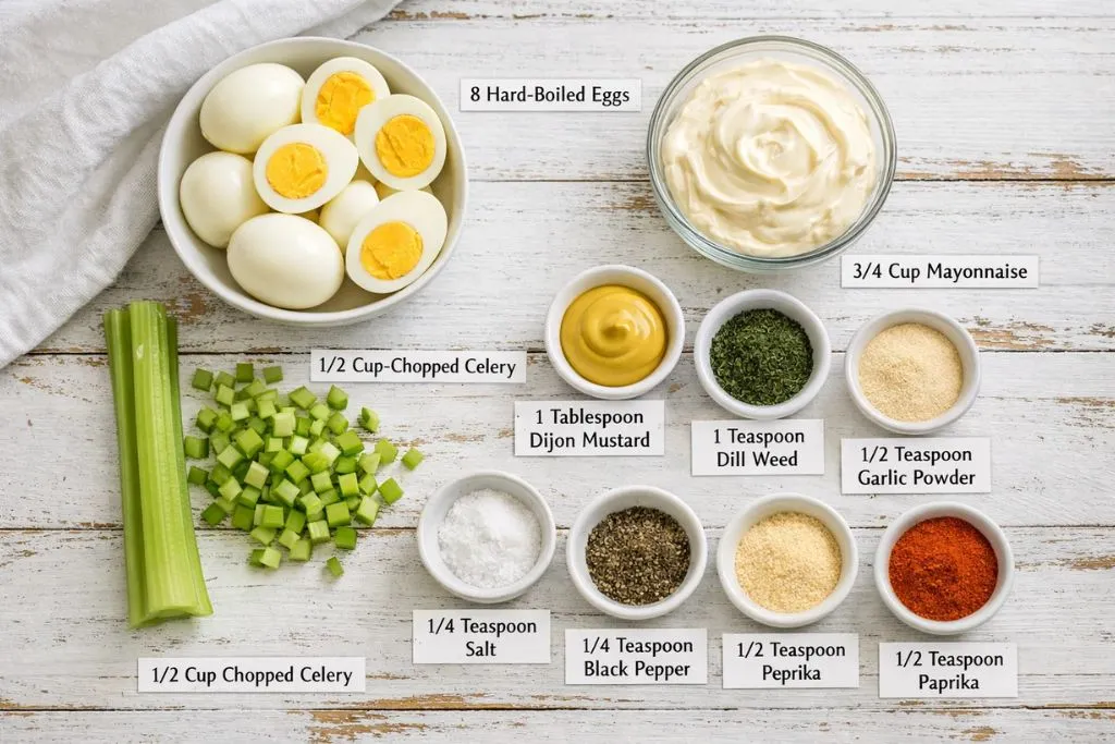 hard-boiled eggs, mayonnaise, celery, Dijon mustard, and spices on a kitchen counter