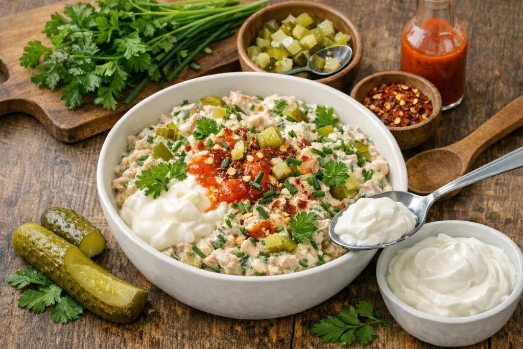 green butter lettuce leaves filled with scoops of creamy egg salad