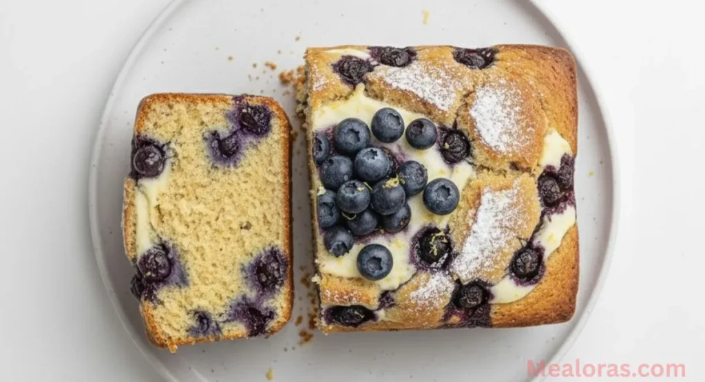of sifted flour in a bowl and a perfectly baked mini blueberry loaf to demonstrate professional baking tips
