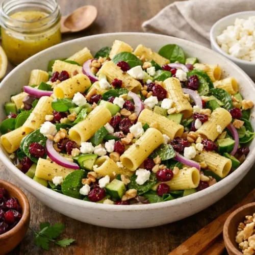 bowl of Feta and Cranberry Rigatoni Salad with fresh spinach and lemon vinaigrette on a bright kitchen table