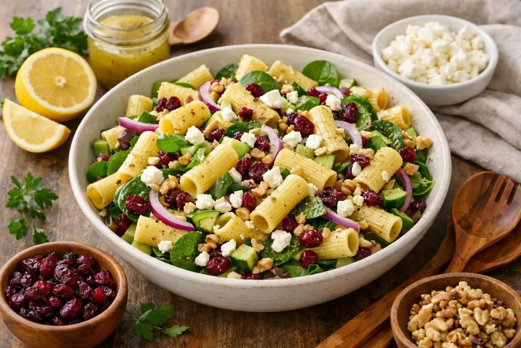 bowl of Feta and Cranberry Rigatoni Salad with fresh spinach and lemon vinaigrette on a bright kitchen table