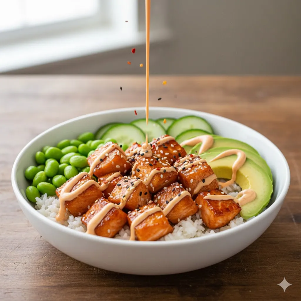 garnished salmon with sriracha mayo, sesame seeds, and red pepper flakes, served with warm vegetables