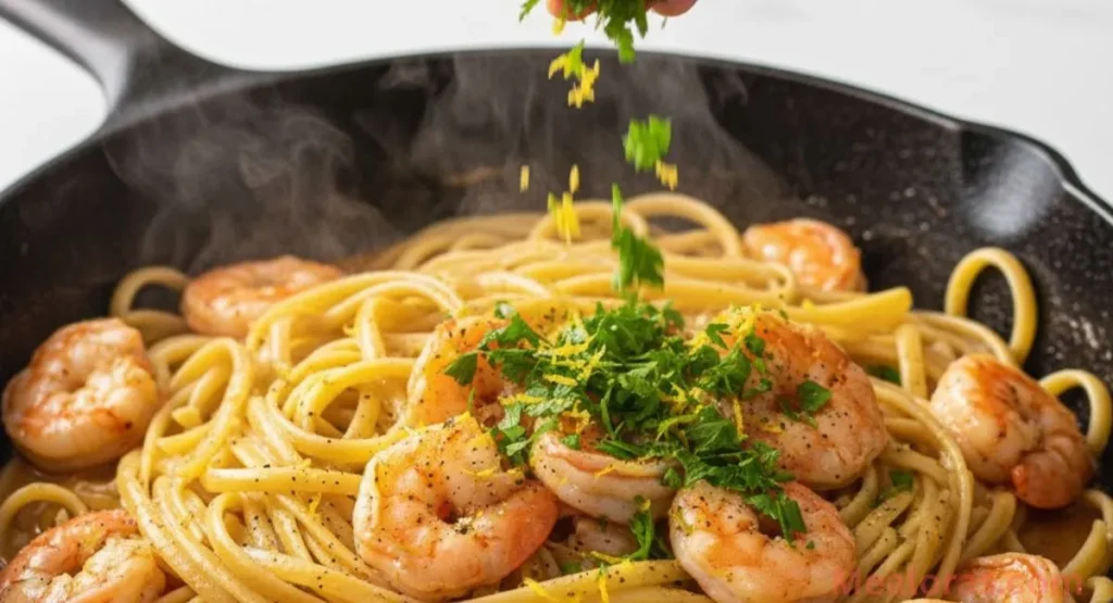 green parsley and yellow lemon zest being sprinkled over a skillet of hot shrimp scampi pasta