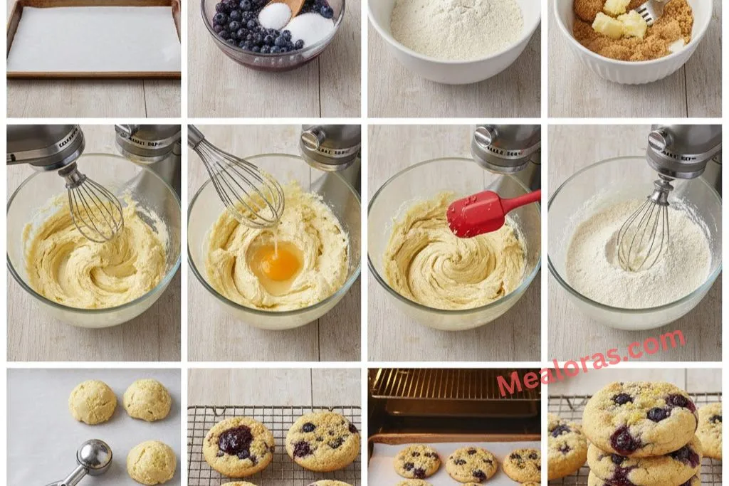 : A rubber spatula gently folding fresh whole blueberries into a light yellow lemon cookie dough in a glass bowl