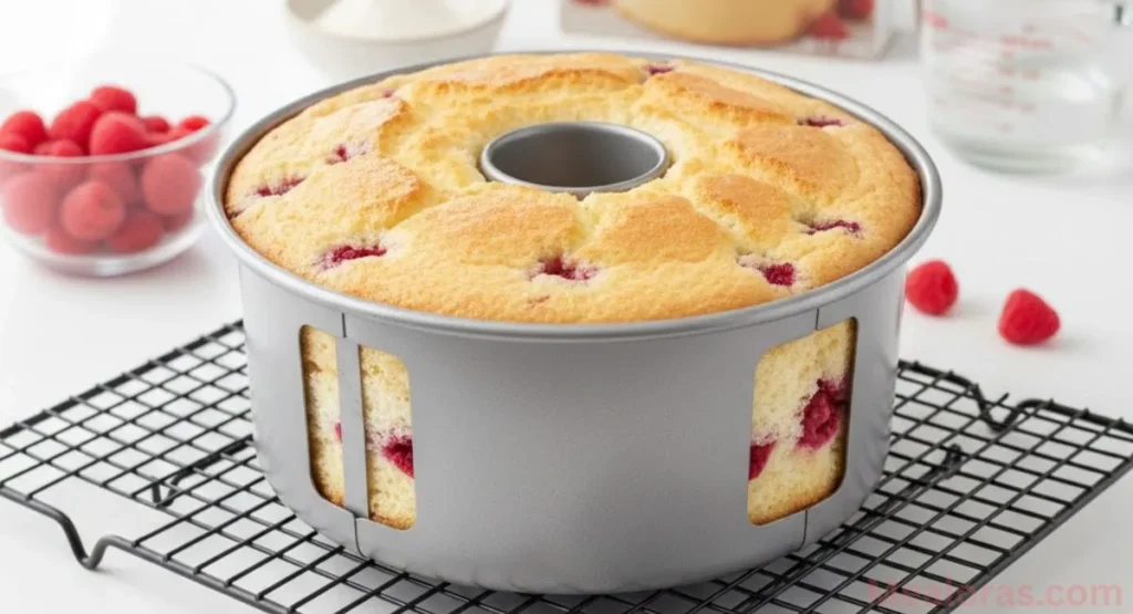 Folding fresh raspberries into angel food cake batter gently