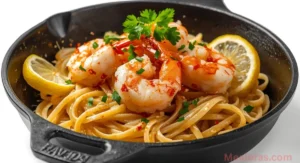 of garlic shrimp scampi served over linguine pasta, garnished with fresh parsley and lemon slices in a skillet