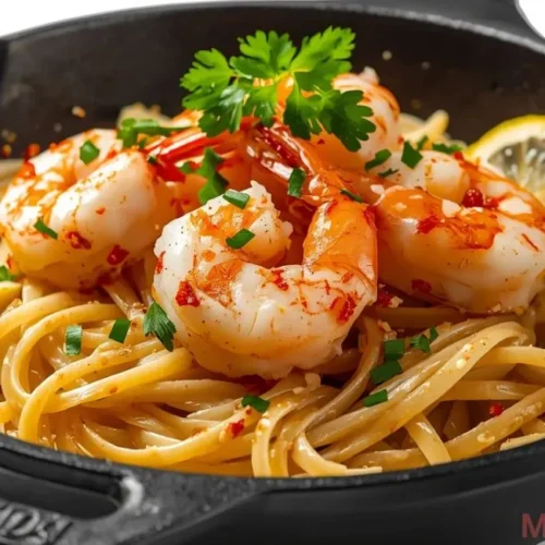 of garlic shrimp scampi served over linguine pasta, garnished with fresh parsley and lemon slices in a skillet