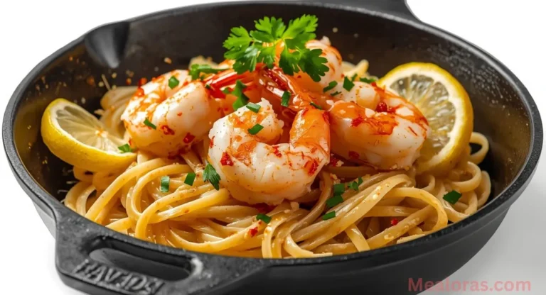 of garlic shrimp scampi served over linguine pasta, garnished with fresh parsley and lemon slices in a skillet