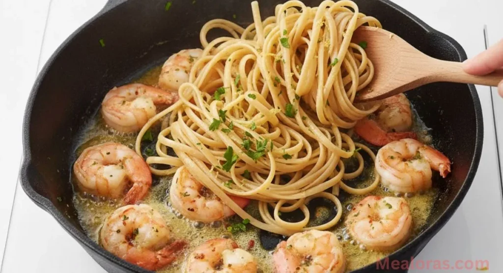 garlic shrimp scampi with linguine pasta in a black cast iron skillet, garnished with lemon slices and fresh parsley 