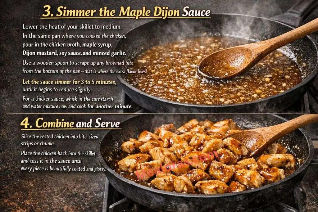 Bubbling maple dijon sauce with garlic and spices simmering in a large stainless steel skillet