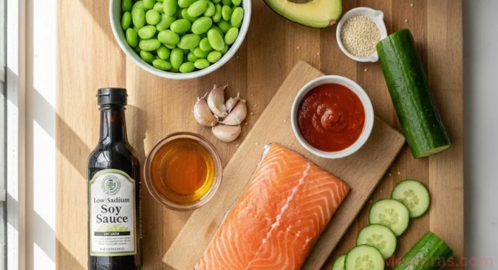salmon fillets, honey, sriracha, soy sauce, garlic, and fresh vegetables arranged on a kitchen counter