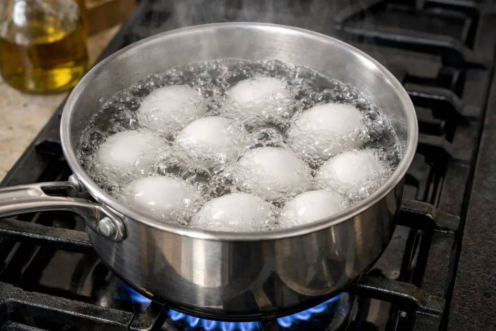 A saucepan with white eggs covered in boiling water on a stove