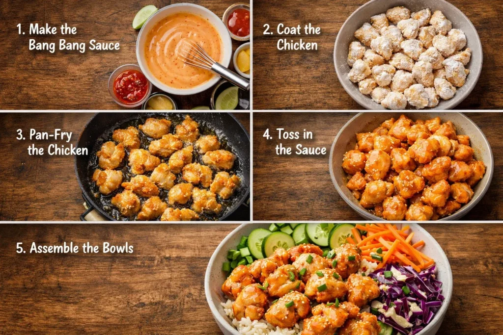 Golden brown bite-sized chicken pieces frying in a skillet to achieve a crispy cornstarch coating