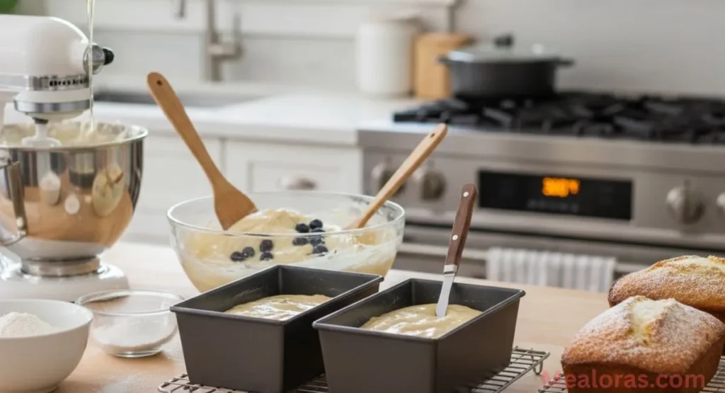 Folding flour-coated blueberries into a creamy cream cheese bread batter