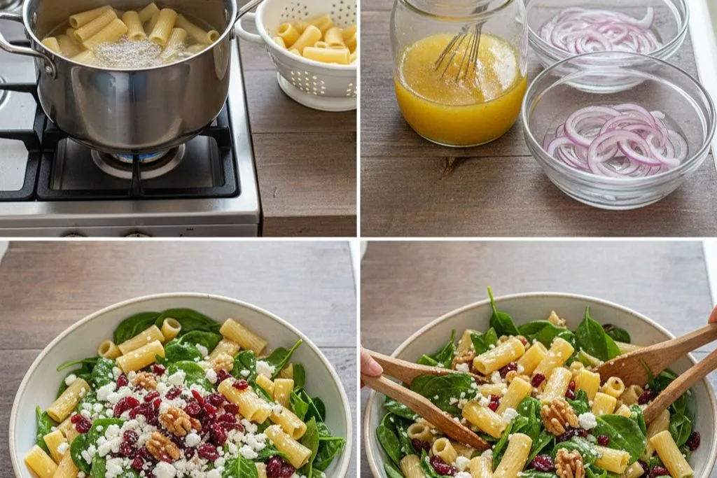 wooden salad tongs tossing rigatoni pasta with spinach, feta, and lemon dressing in a large glass mixing bowl