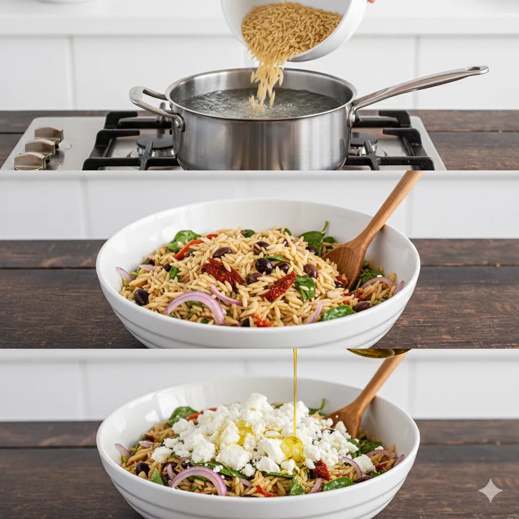 a hand tossing cooked orzo pasta with chopped red onions, spinach ribbons, and kalamata olives in a large glass mixing bowl