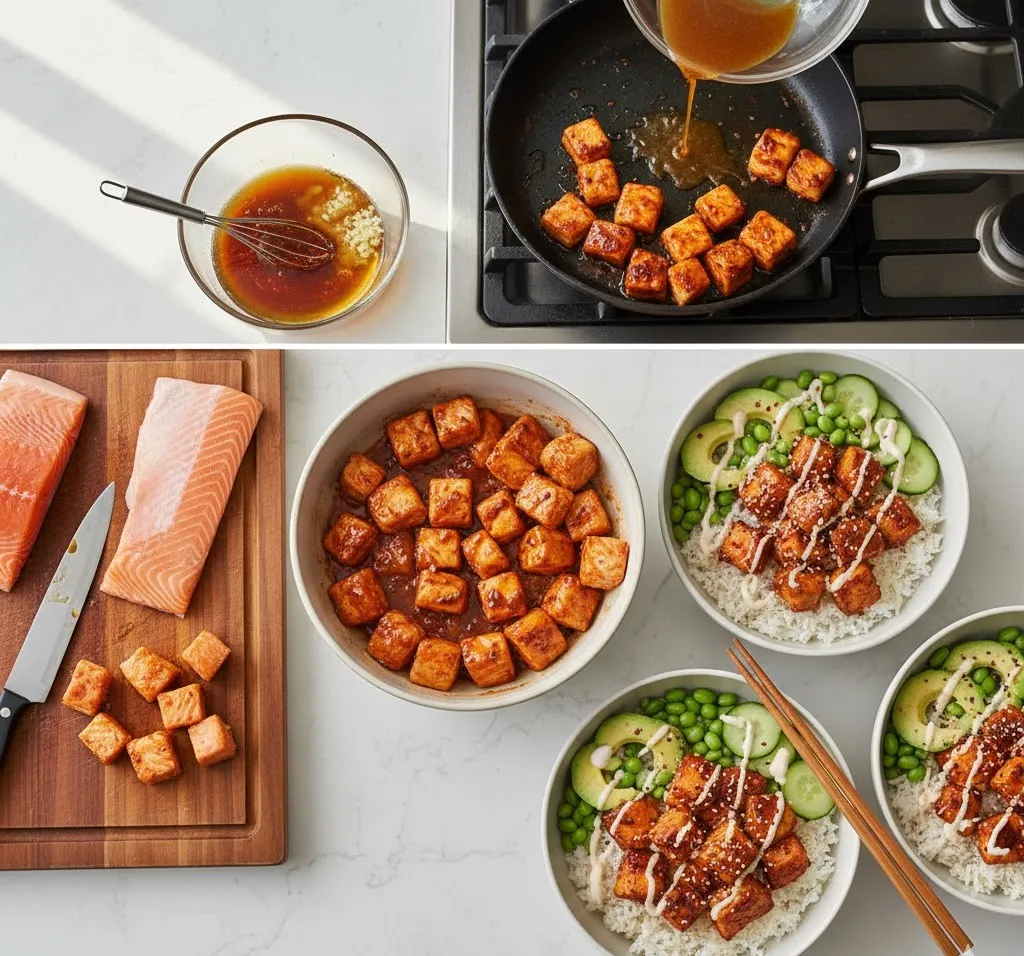Cubed salmon pieces searing in a large skillet until golden brown and crispy on the edges.
