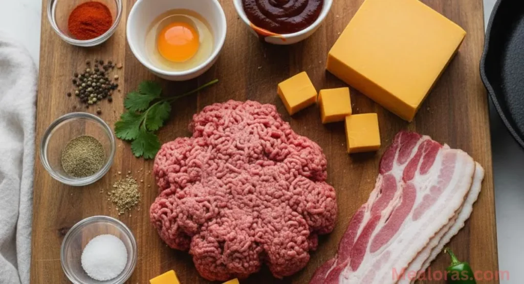 Raw ground beef, a bowl of BBQ sauce, fresh egg, spices, and cubes of sharp cheddar cheese arranged on a kitchen counter