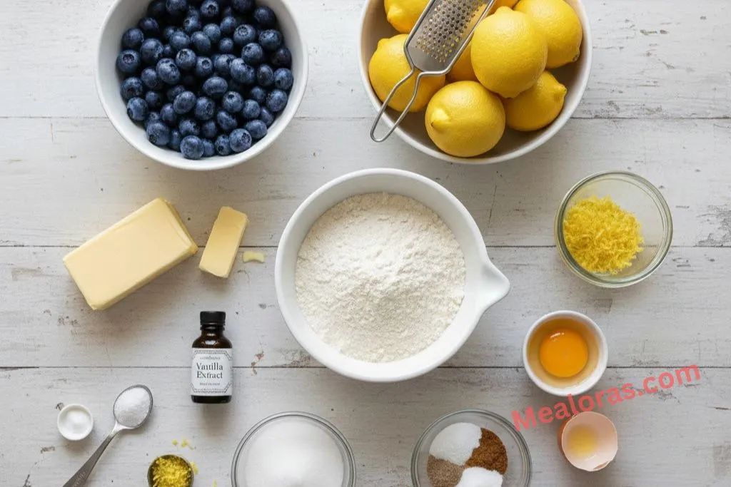 blueberries, lemons, flour, butter, vanilla extract, and cornstarch laid out on a kitchen counter for baking