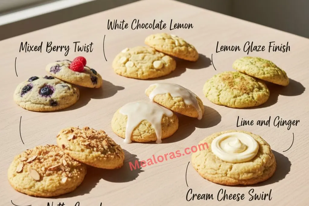 A tray of lemon cookies made with red raspberries instead of blueberries as a recipe variation