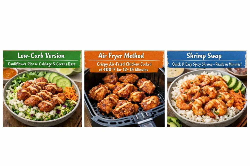 A healthy variation of the Bang Bang Chicken Bowl served over cauliflower rice and extra shredded purple cabbage