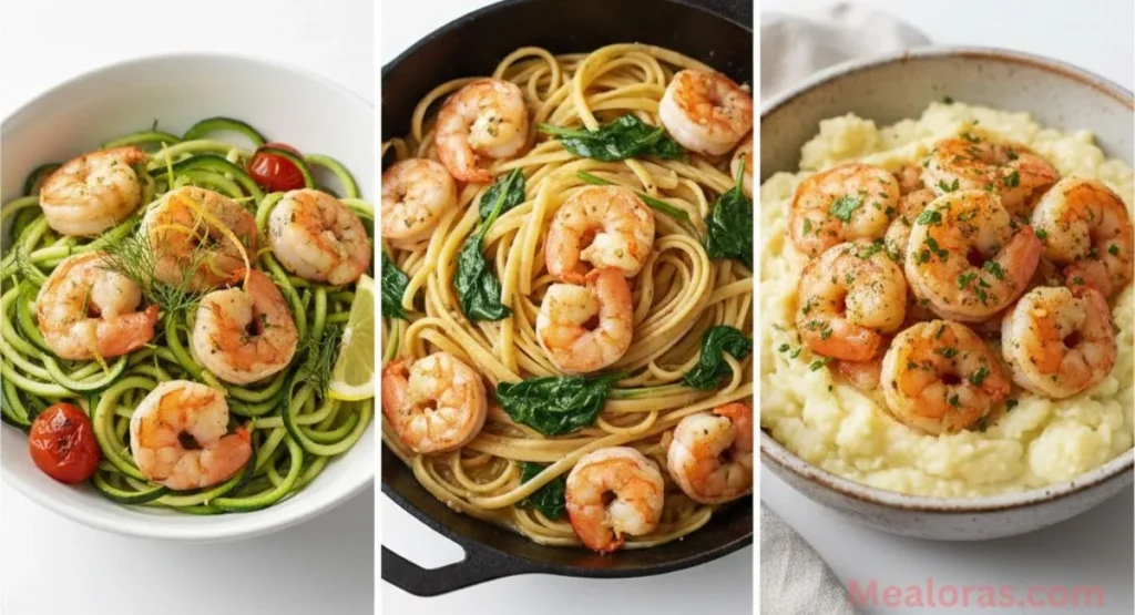 A healthy low-carb shrimp scampi variation served over green zucchini noodles (zoodles) with lemon zest