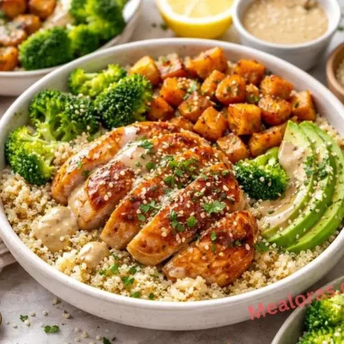 colorful bowl featuring glazed maple dijon chicken, roasted sweet potato cubes, and fresh greens over quinoa