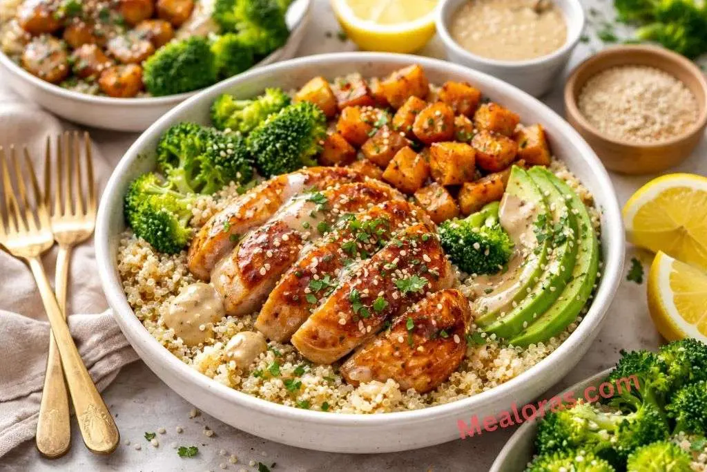 colorful bowl featuring glazed maple dijon chicken, roasted sweet potato cubes, and fresh greens over quinoa
