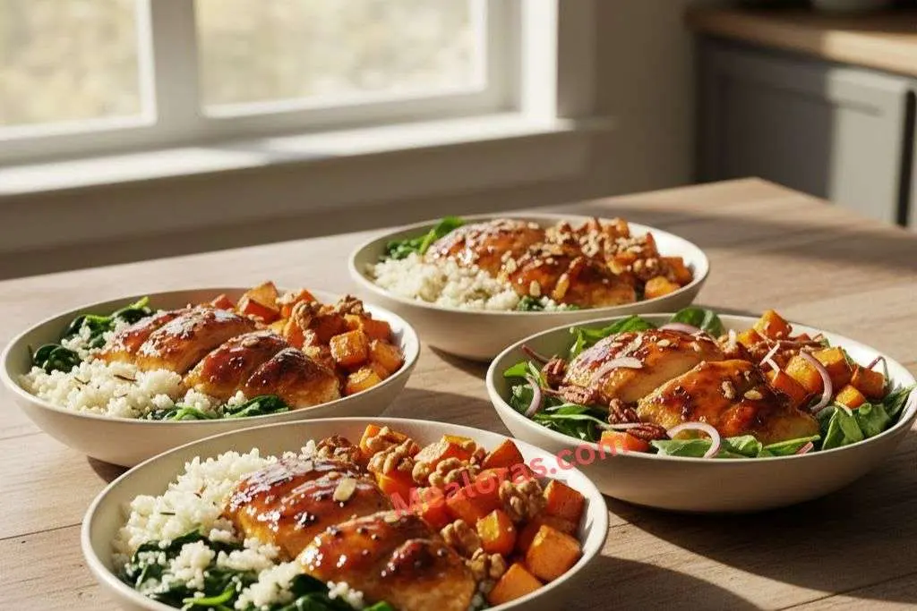 the chicken bowl topped with crushed pecans and sliced green onions for added texture
