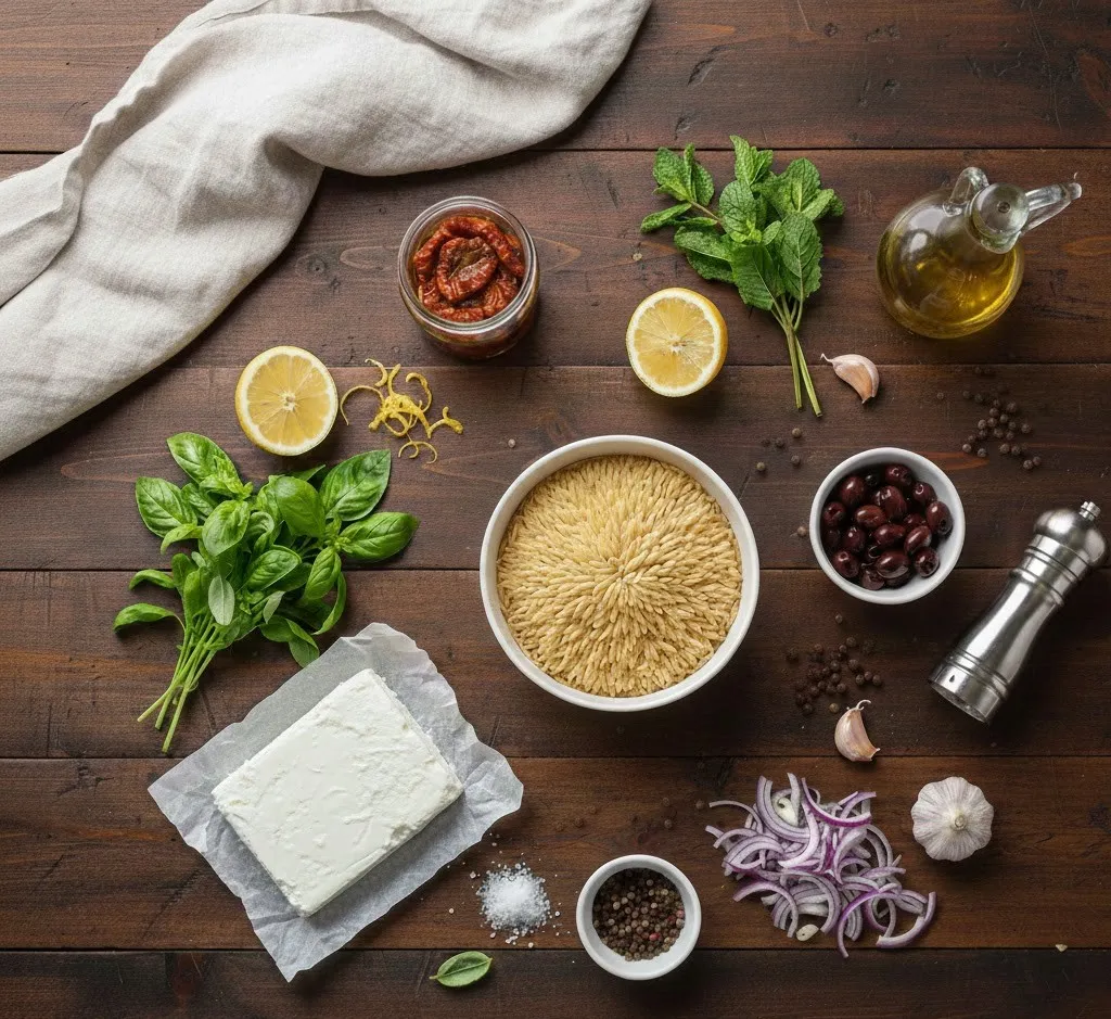 of ingredients including dry orzo pasta, a jar of sun-dried tomatoes, kalamata olives, fresh spinach, lemon, and a block of feta cheese