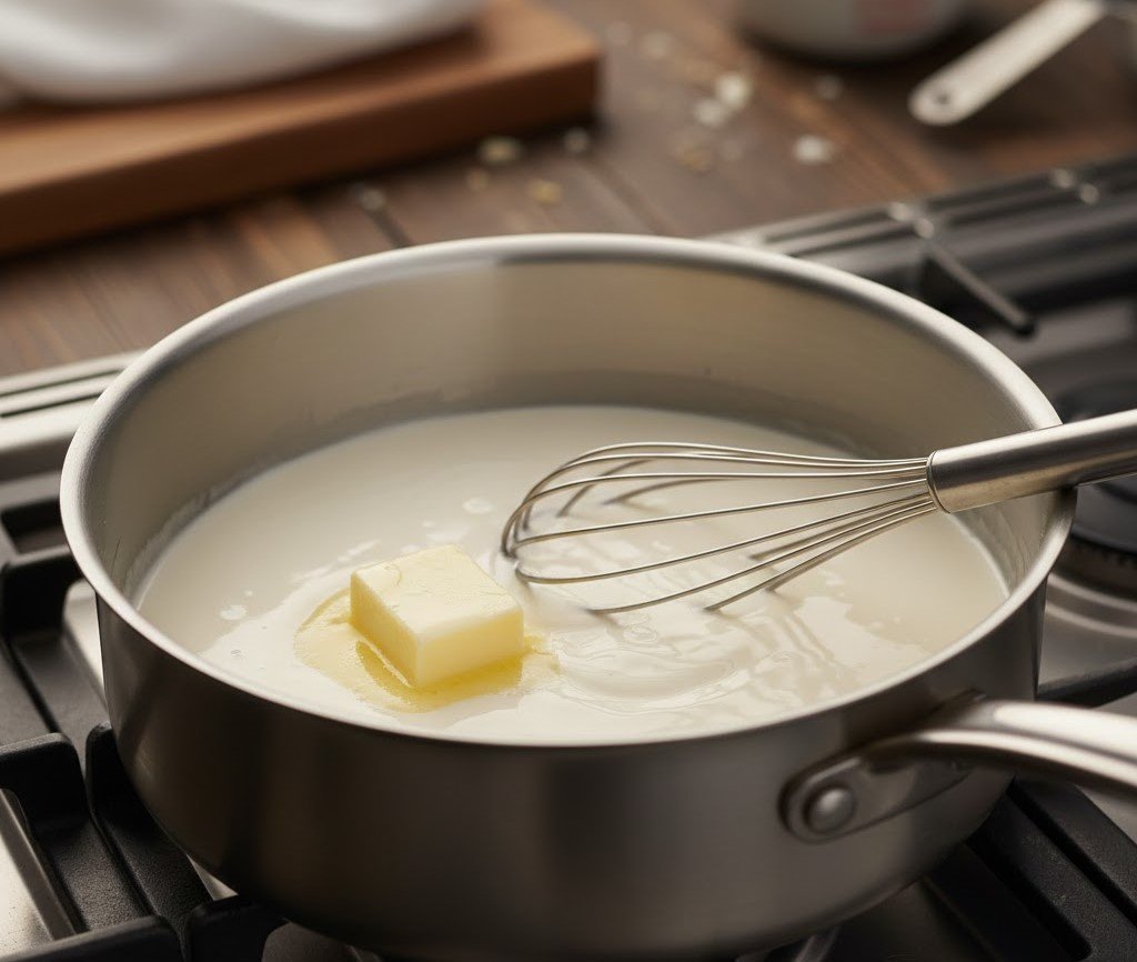 Melting butter into heavy cream in a stainless steel saucepan over medium heat
