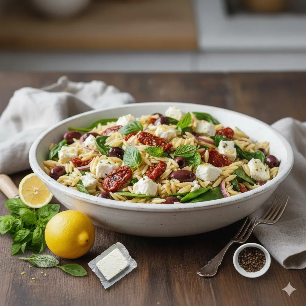 Folding the ingredients together while the orzo is still slightly warm allows the pasta to soak up all the delicious oils and juices from the vegetables