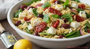 Mediterranean orzo pasta salad, topped with crumbled feta cheese, sliced sun-dried tomatoes, and fresh mint