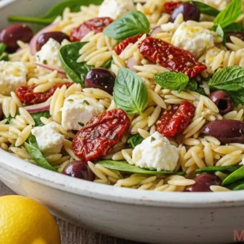 Mediterranean orzo pasta salad, topped with crumbled feta cheese, sliced sun-dried tomatoes, and fresh mint