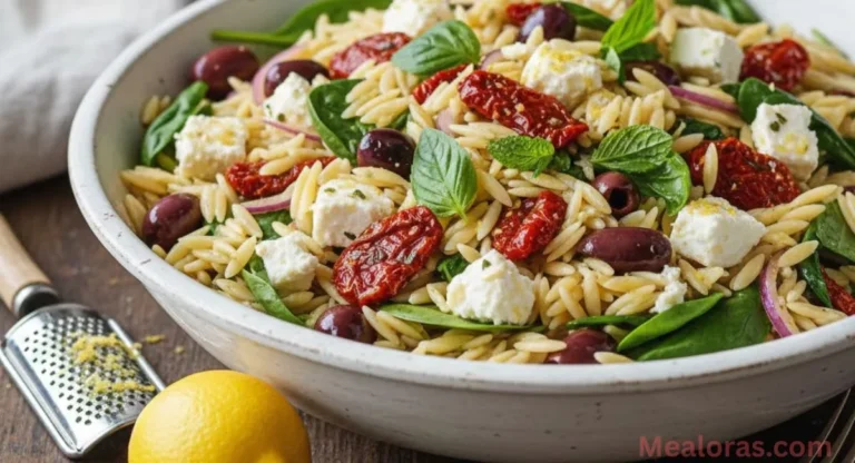 Mediterranean orzo pasta salad, topped with crumbled feta cheese, sliced sun-dried tomatoes, and fresh mint