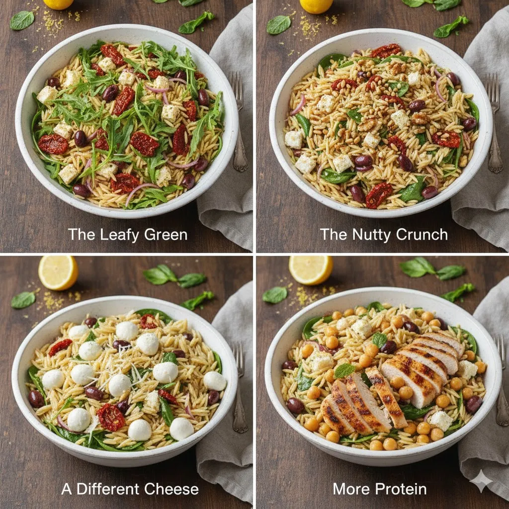 Three small bowls showing variations of orzo salad, one with added chickpeas, one with grilled chicken, and one with extra leafy greens
