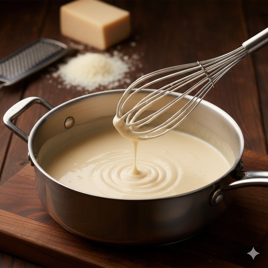 A thick, smooth Alfredo sauce coating the back of a wooden spoon