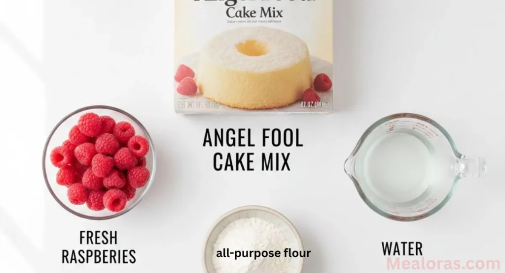 Ingredients needed for raspberry angel food cake including cake mix and raspberries