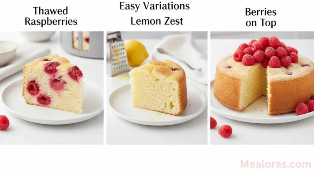 Raspberry angel food cake served with fresh berries on top