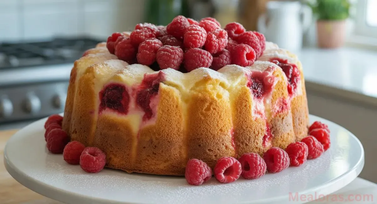 Light and fluffy raspberry angel food cake topped with fresh raspberries