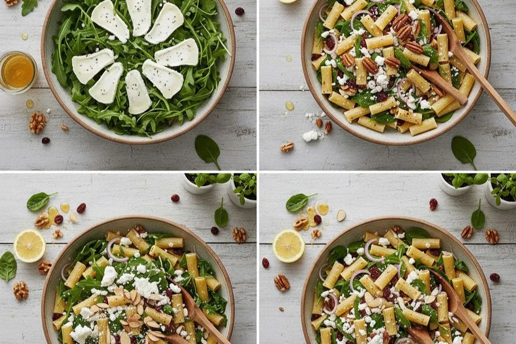pasta salad variation featuring arugula and pecans instead of spinach and walnuts.