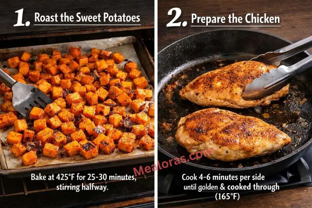 sweet potatoes seasoned with paprika and oil spread evenly on a metal baking sheet before roasting