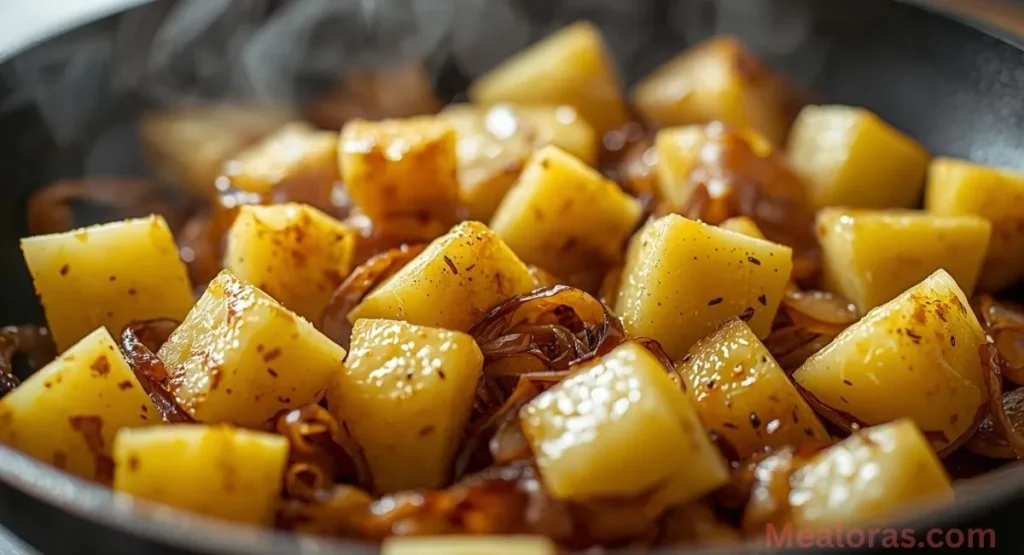 Golden sautéed potatoes and onions cooking in a skillet for breakfast casserole