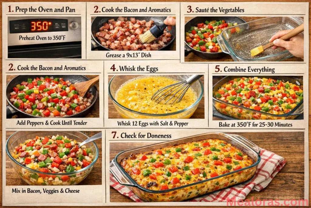 Diced peppers, onions, and bacon cooking in a black skillet on the stove